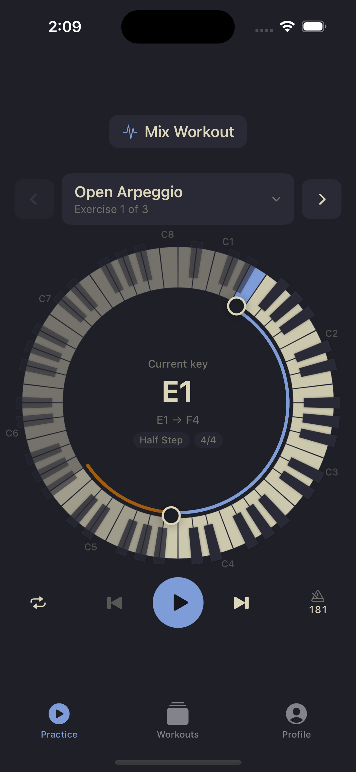 Vocal Dojo app showing the circular piano keyboard with exercise controls